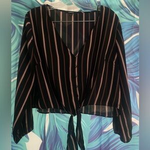 V-Neck Blouse with Black and Red Stripes